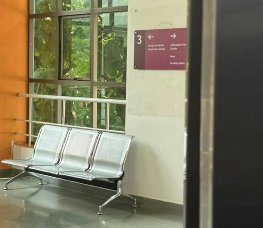 Identification sign above a seating area