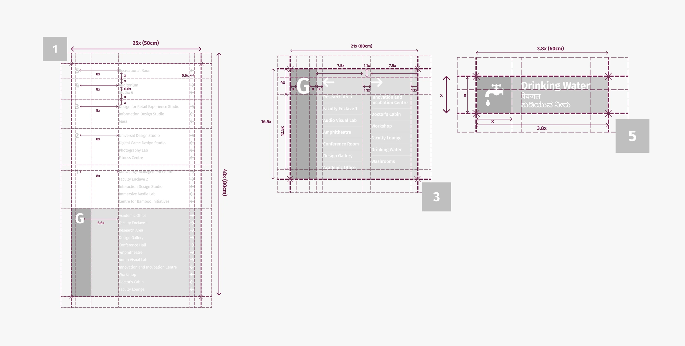 Construction grids for three sign types: a 50×80 cm floor directory, an 80 cm directional board and a 60×15 cm utility sign, with spacing proportions marked
